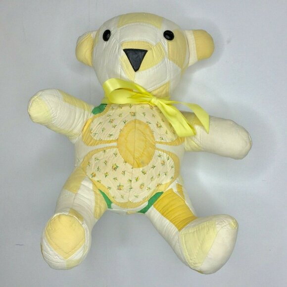 Vintage Handmade Quilted Patchwork 16" Teddy Bear  Yellow Scrapper Cutter Craft - Picture 5 of 12